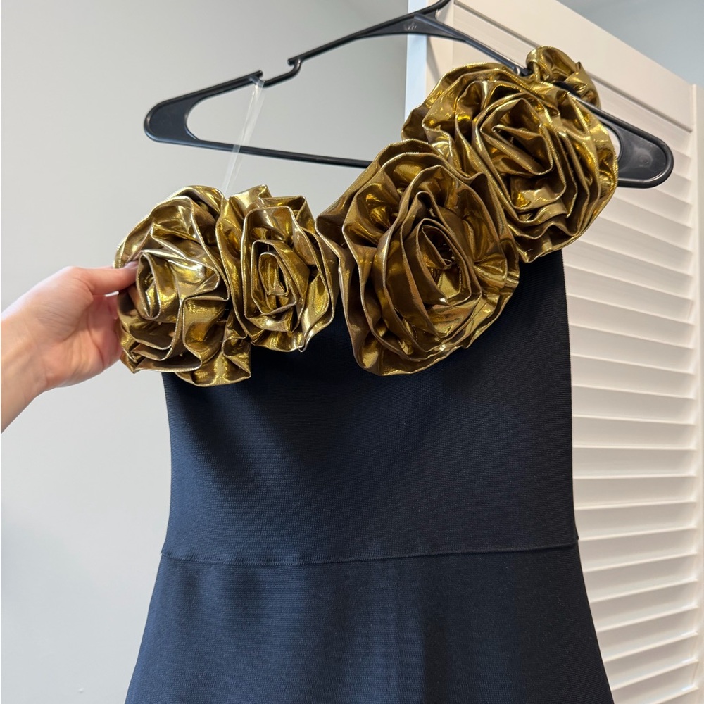 Macy's Black Dress with Gold Rosette Detail